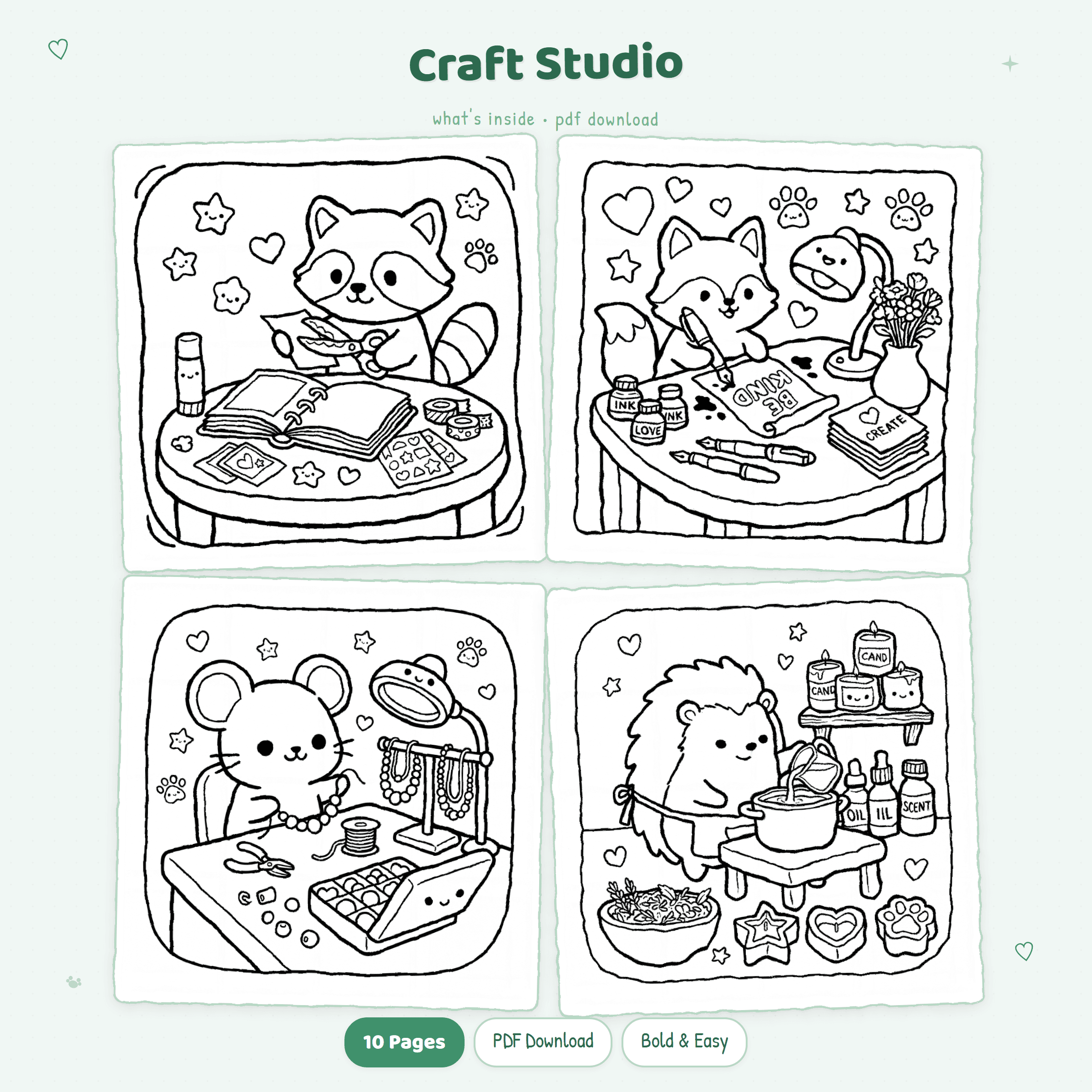Four detailed black and white Craft Studio coloring pages showing art supplies, yarn baskets and cute crafting animals