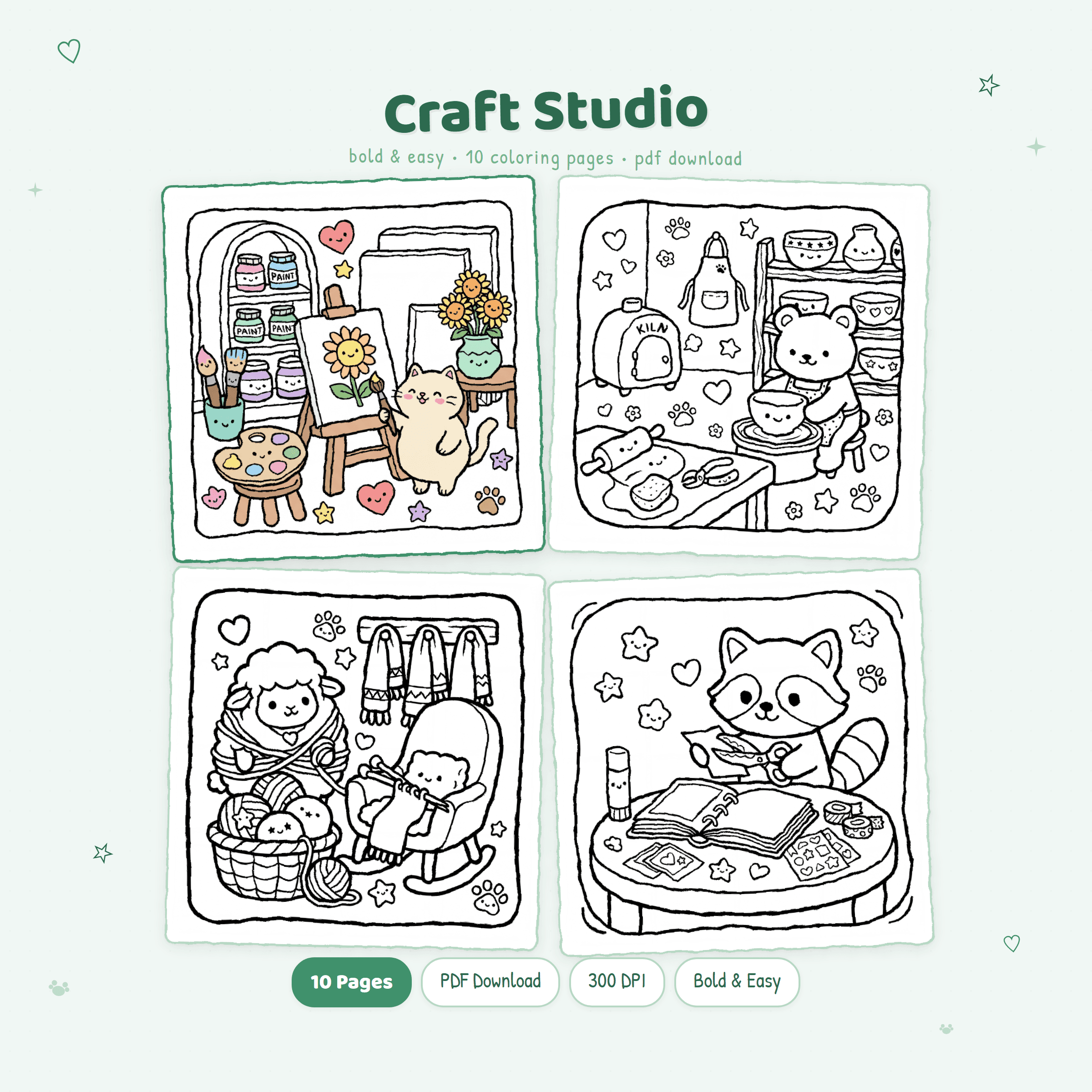 MiyoPages Craft Studio coloring book cover with a colored sample and black and white interior pages of art supplies and crafting animals