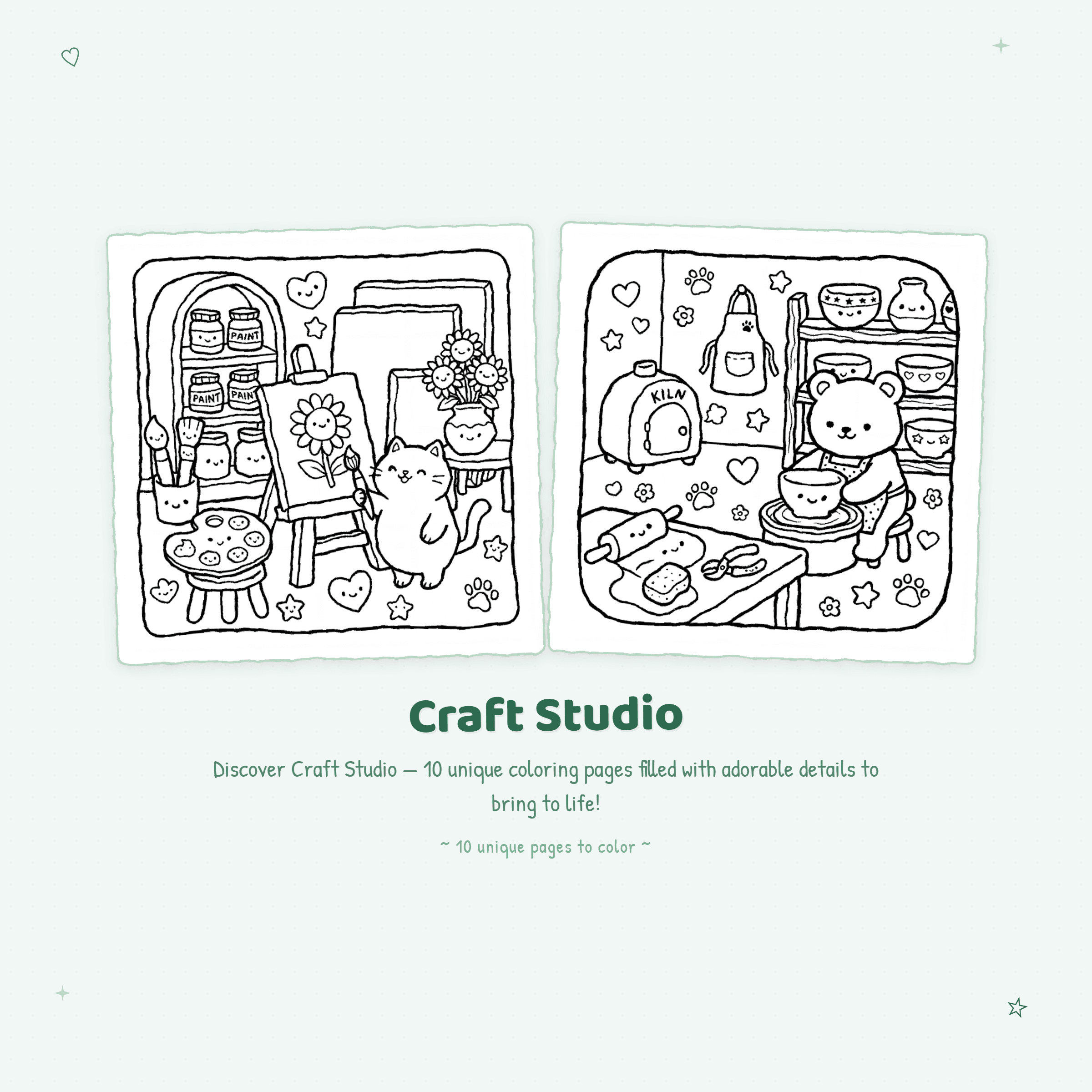 Craft Studio coloring book spread with bold outlines of sewing machines, paint brushes and creative tools