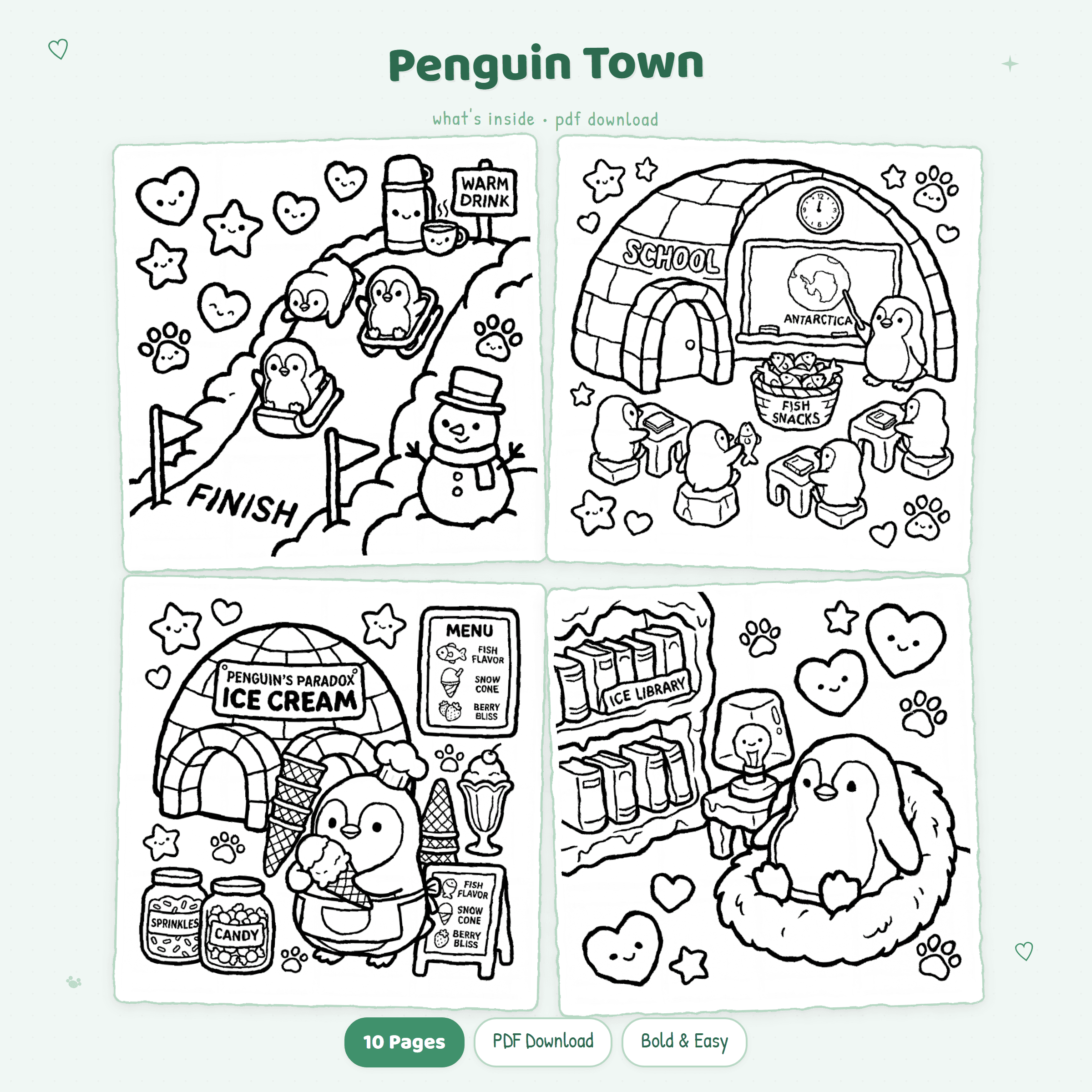 Four black and white Penguin Town coloring pages showing igloos, fish markets and penguin families