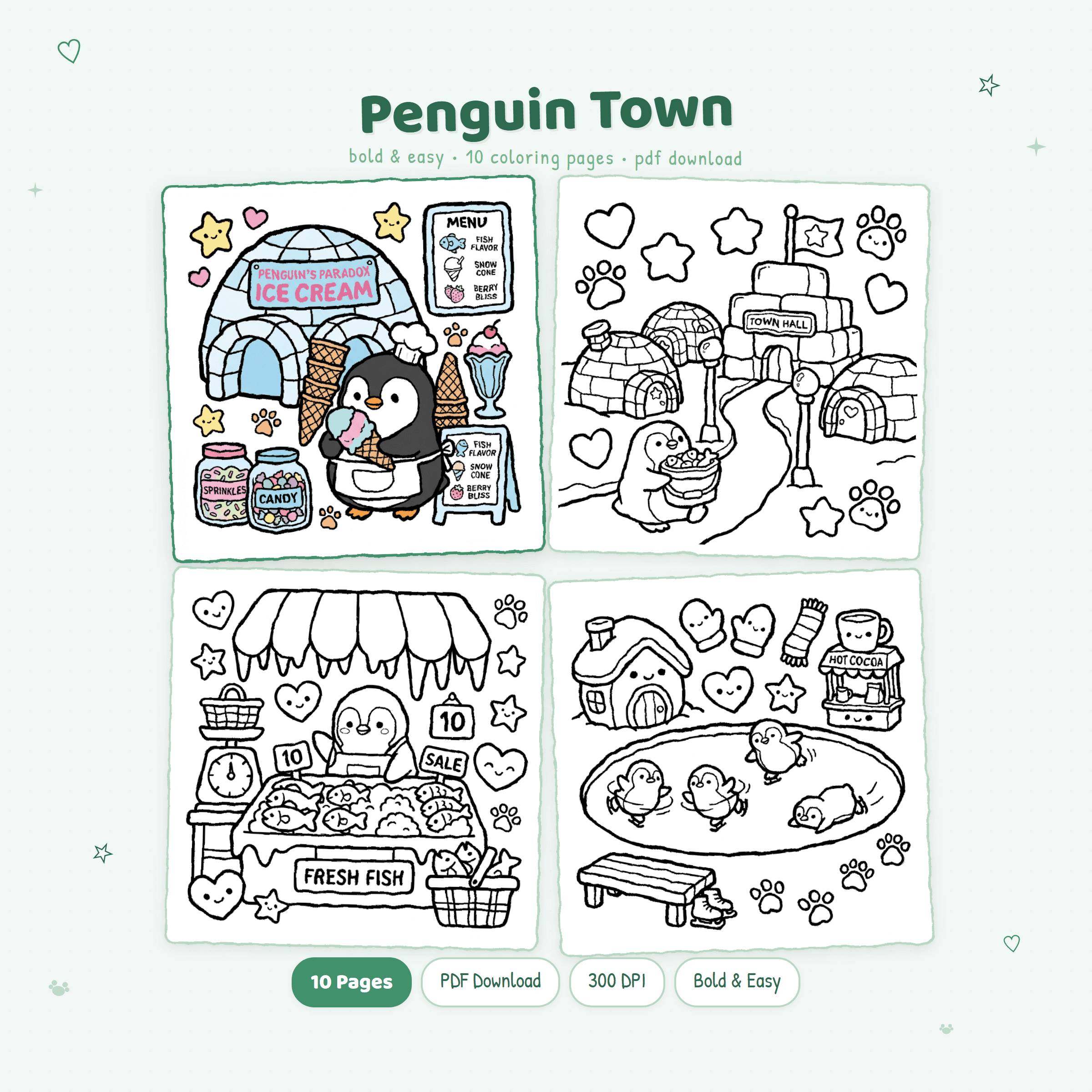 MiyoPages Penguin Town coloring book cover with a colored penguin village and black and white interior pages