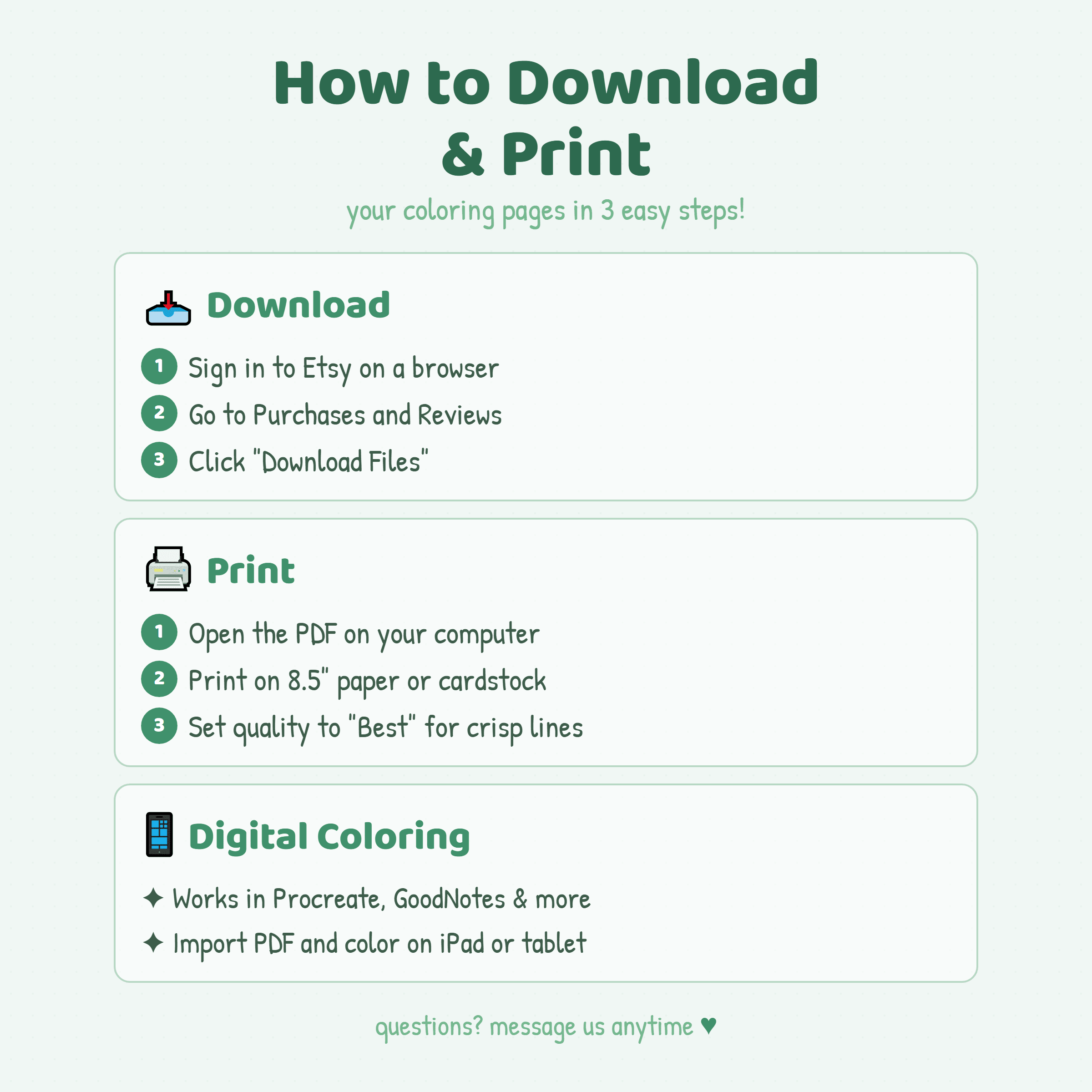 Step by step guide showing how to download and print your MiyoPages Penguin Town coloring pages