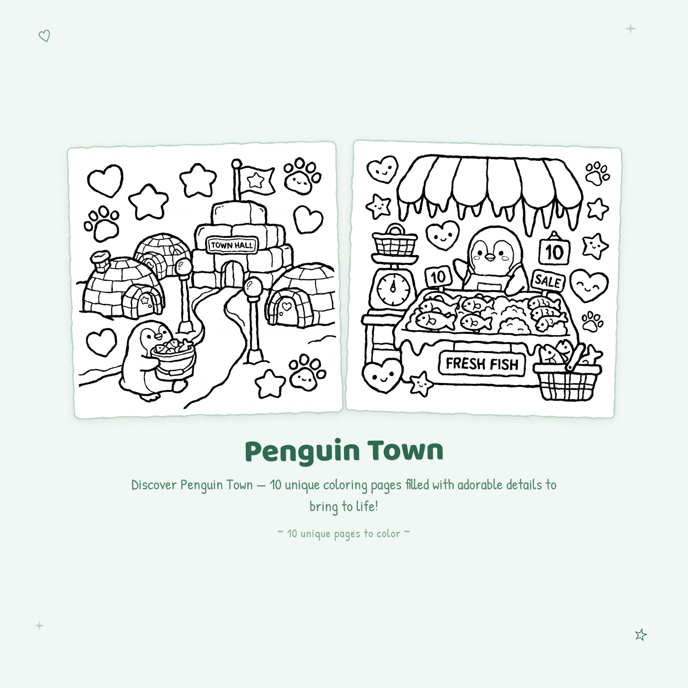 Penguin Town coloring book spread featuring bold outlines of penguins, snow scenes and cute arctic animals