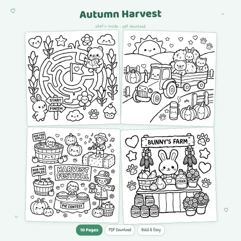 Four black and white Autumn Harvest coloring pages in a grid showing cute nature and garden themed designs