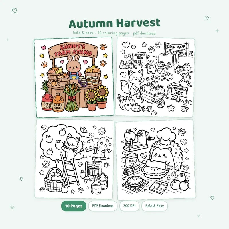 MiyoPages Autumn Harvest coloring book cover with colored sample and black and white interior coloring pages
