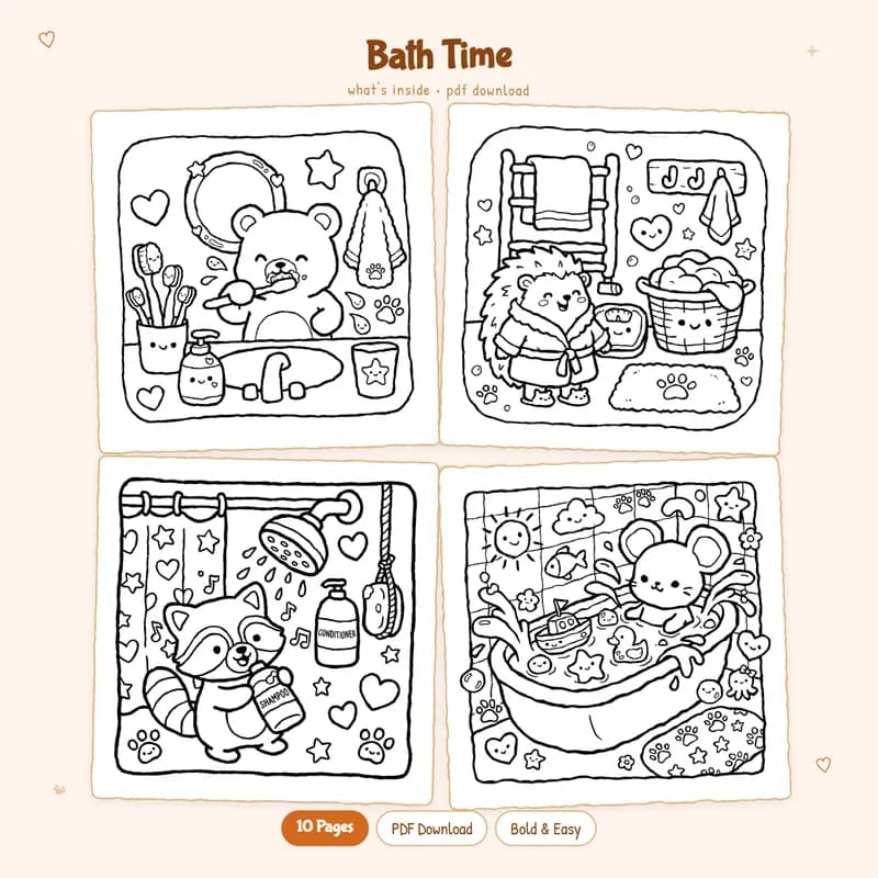 Four cute Bath Time coloring pages in a grid layout showing black and white designs for a cozy gift or digital download