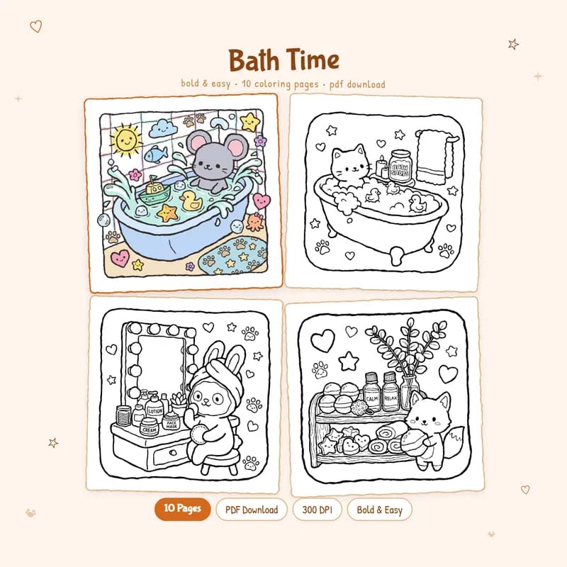 Bath Time coloring book by MiyoPages with a cute colored cover and digital download black and white coloring pages
