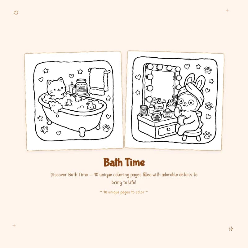Bold outlines and easy designs on these Bath Time coloring pages for a relaxing and cozy coloring book activity