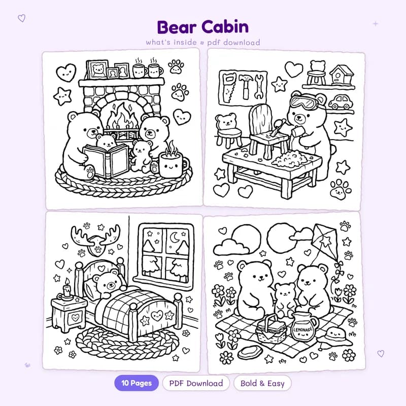 A four page preview grid of Bear Cabin coloring pages featuring cute forest animals and cozy cabin scenes
