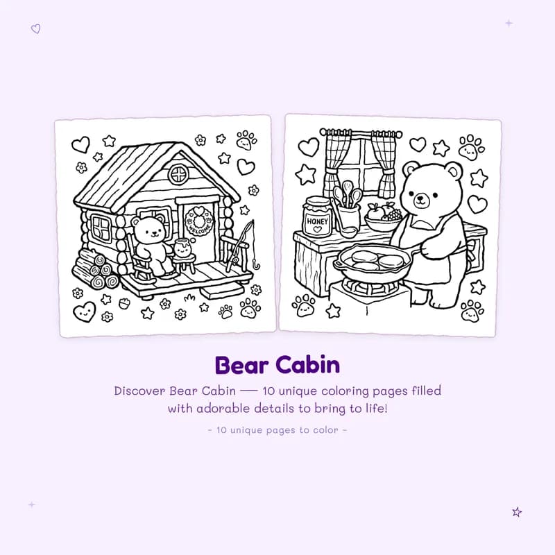 Bear Cabin coloring book pages showcasing bold outlines and easy designs for a fun stress free activity