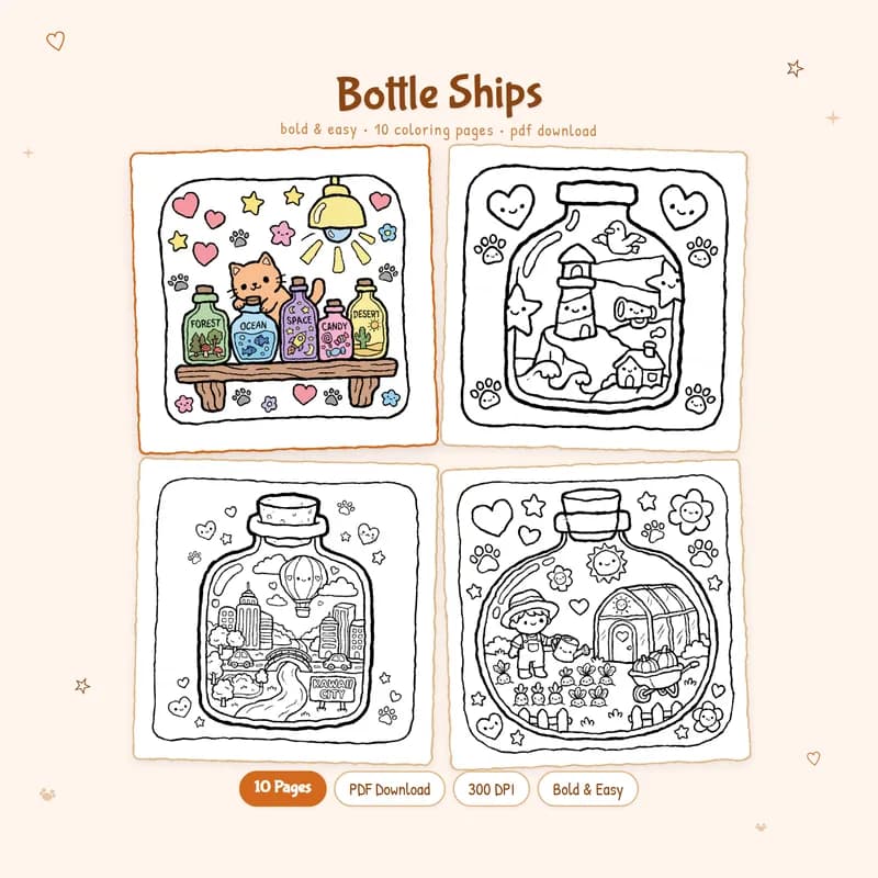 Bottle Ships coloring book by MiyoPages featuring a cute ship in a bottle and several black and white preview pages