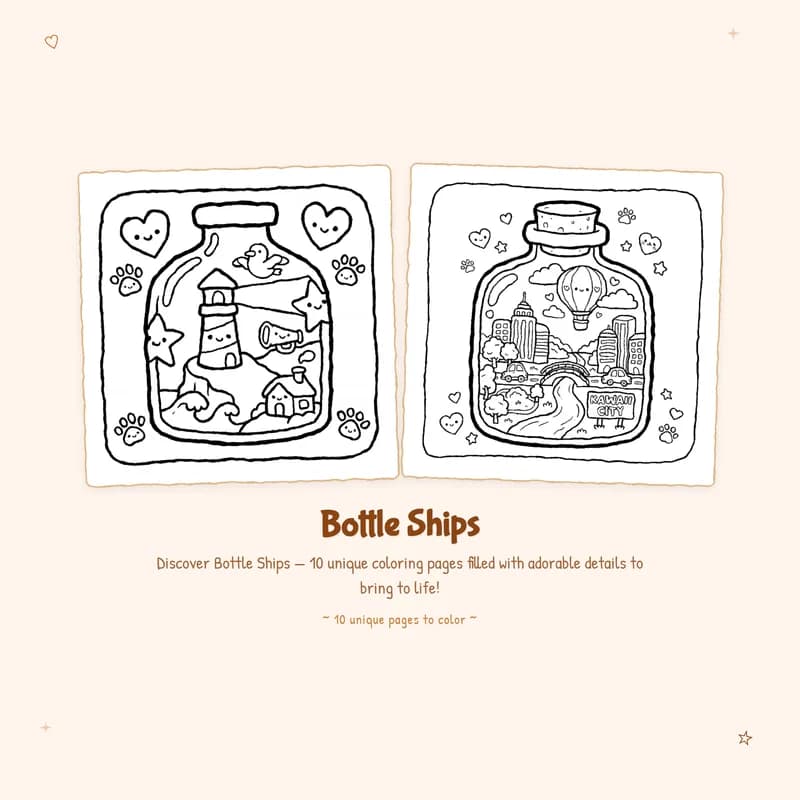 Cute Bottle Ships coloring book pages with bold outlines and easy designs perfect for relaxing and creative fun