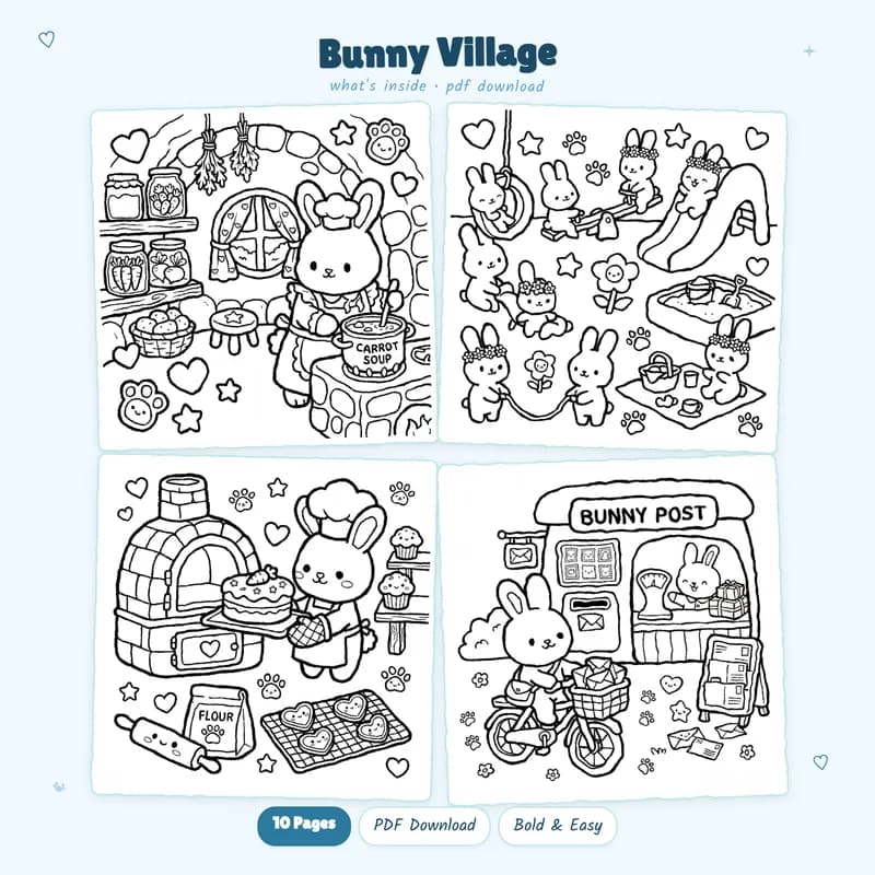 Four detailed Bunny Village coloring pages in a grid layout featuring cute rabbits in their cozy animal life homes