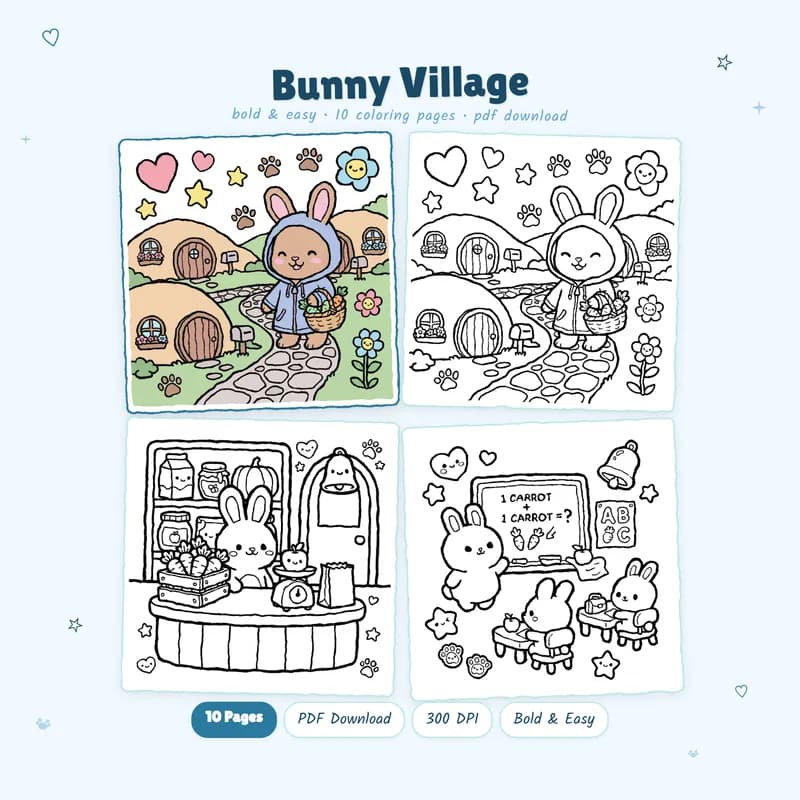 Bunny Village coloring book by MiyoPages showing cute cover and black and white animal life coloring pages to download