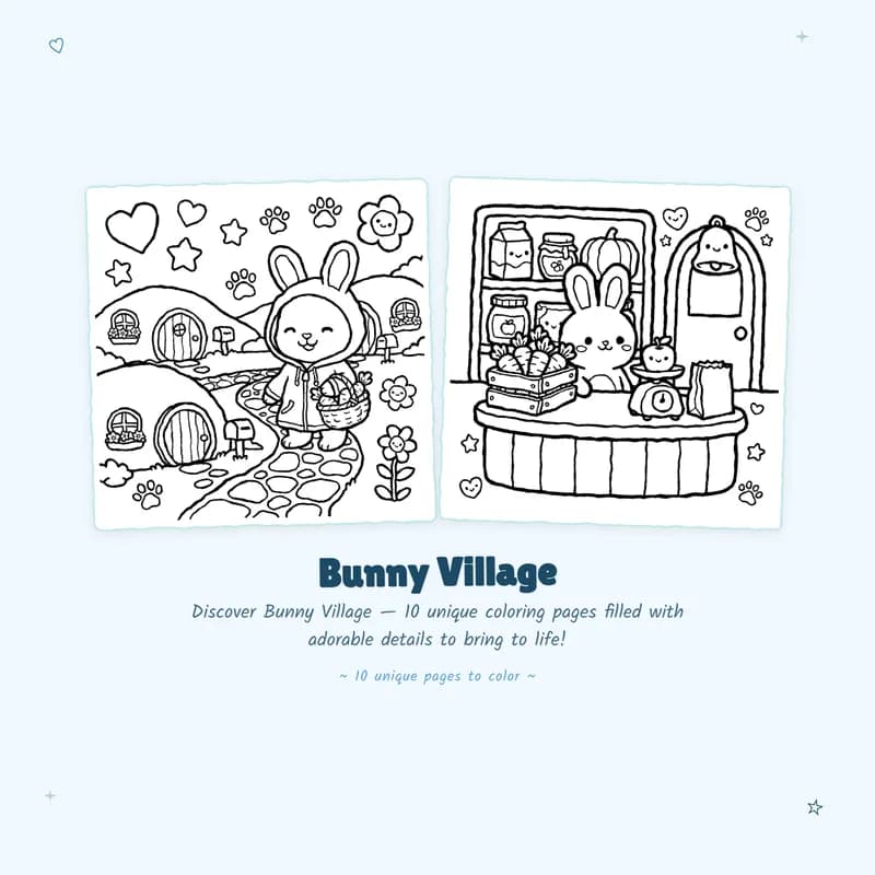 Cute Bunny Village coloring pages with bold outlines and easy designs perfect for relaxing animal life art
