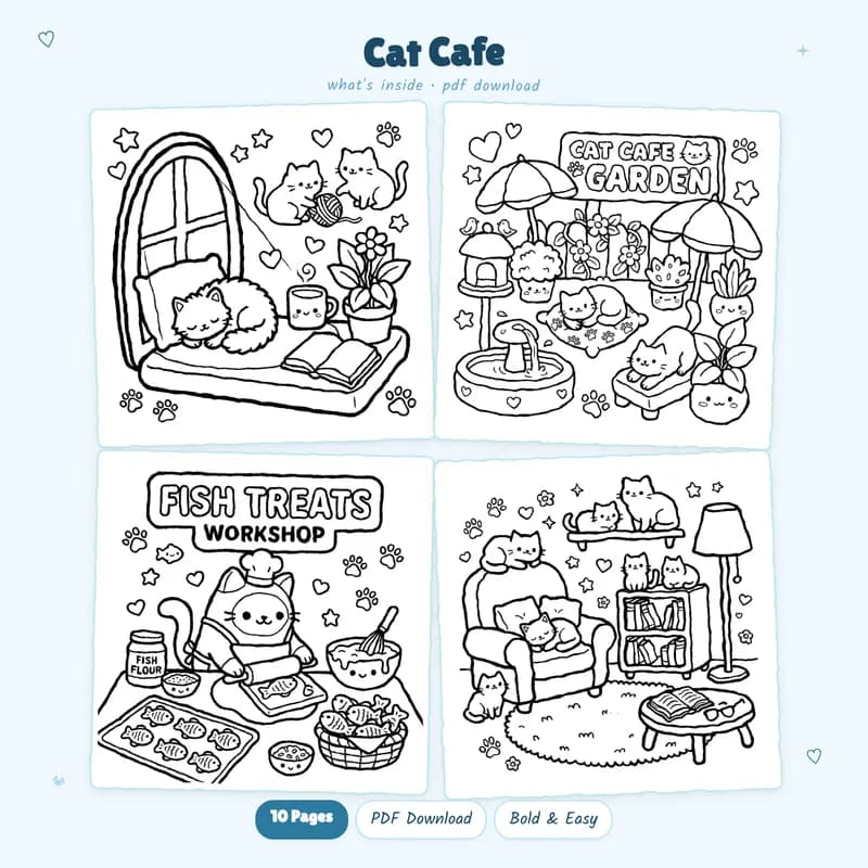 A four page grid of cute cat cafe coloring pages featuring kittens and coffee in simple black and white line art