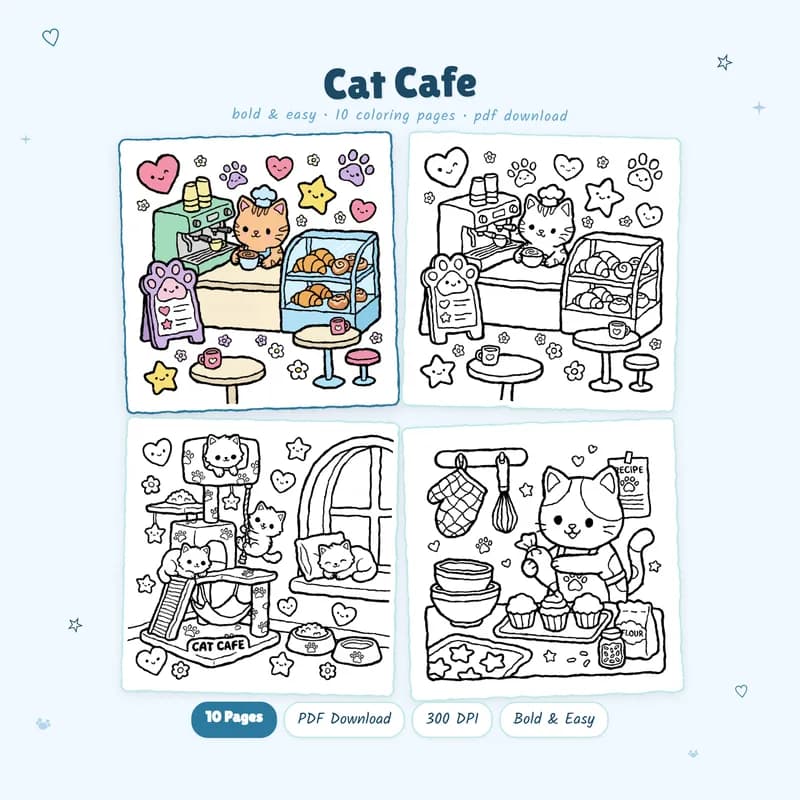 Cat Cafe coloring book cover by MiyoPages with one colored sample page and three black and white previews