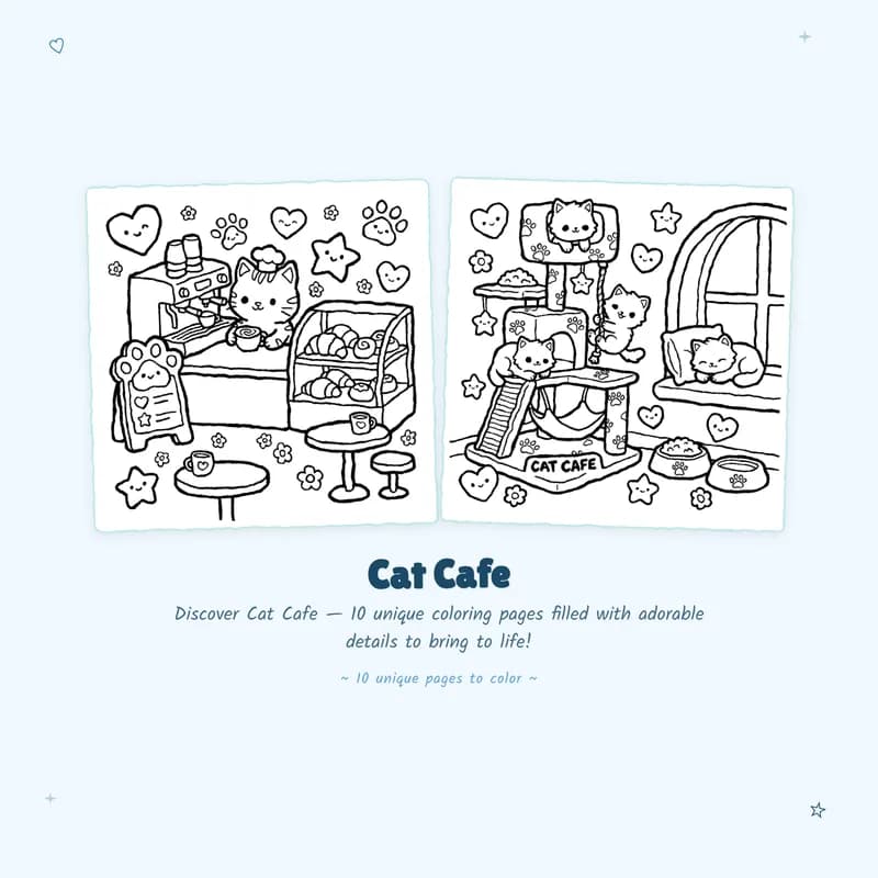 Sample cat cafe coloring book pages highlighting bold outlines and easy designs for a relaxing experience