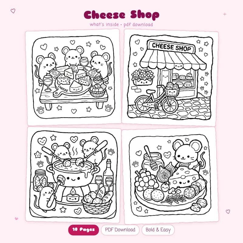 Four black and white Cheese Shop coloring pages showing cute kawaii food shop illustrations