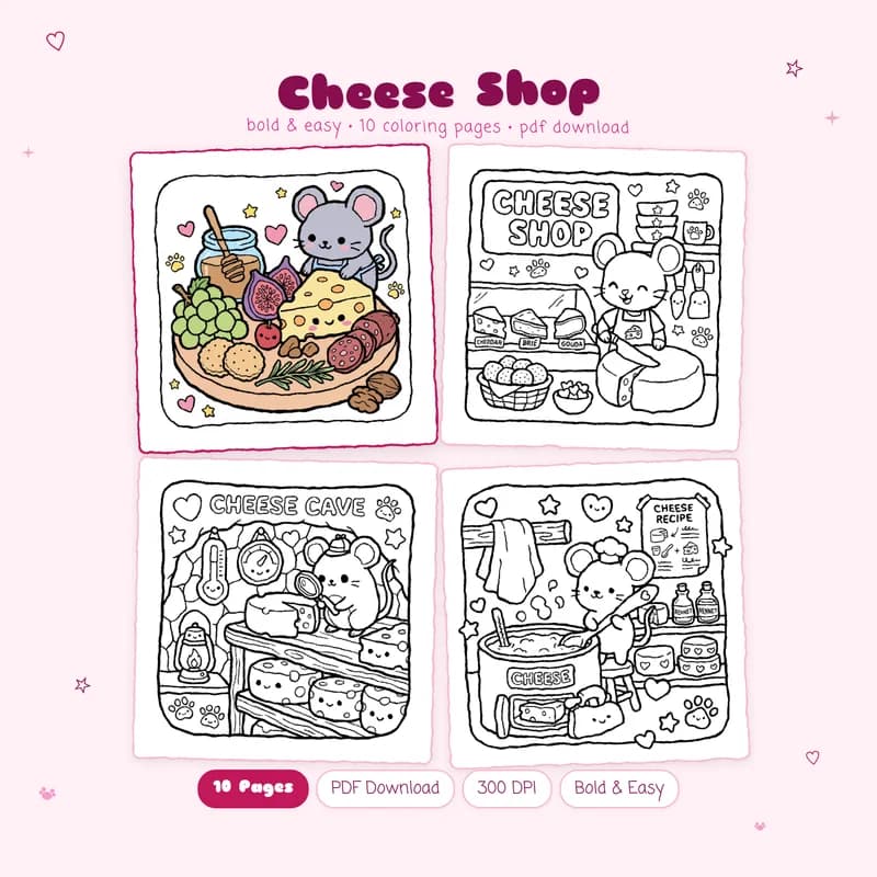 MiyoPages Cheese Shop coloring book with a cute cover and four sample pages for foodies