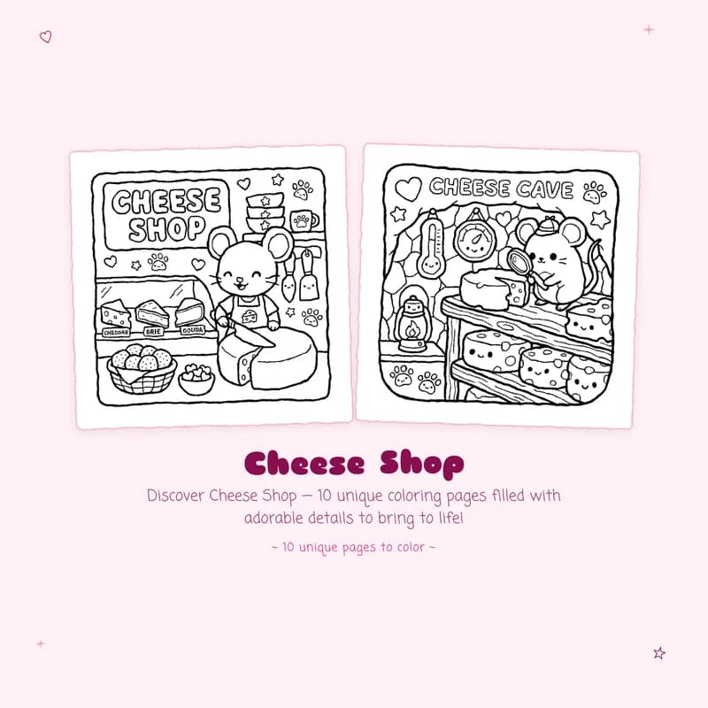 Simple Cheese Shop coloring book pages with bold outlines and easy designs for kids and adults