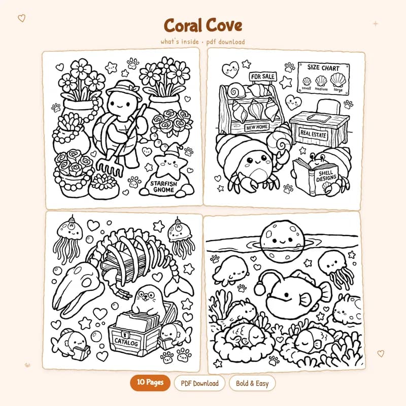 Four black and white Coral Cove coloring pages displayed in a grid showing underwater nature and plant designs