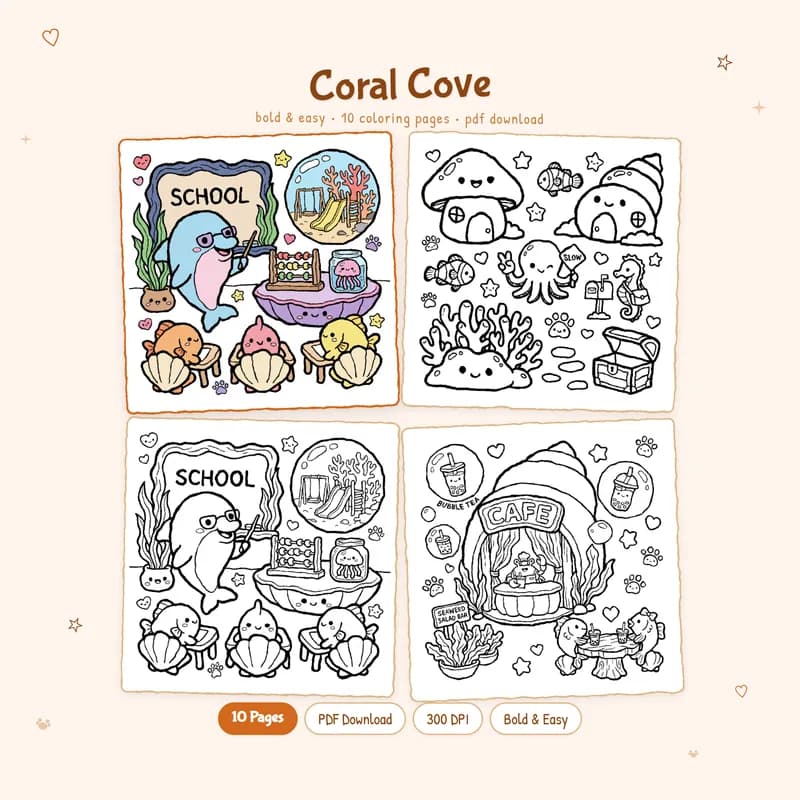Coral Cove coloring book by MiyoPages featuring a cute cover with colored and black and white sample pages