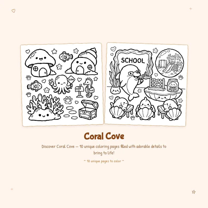 Coral Cove coloring book pages with bold outlines and easy designs for a simple relaxing creative experience