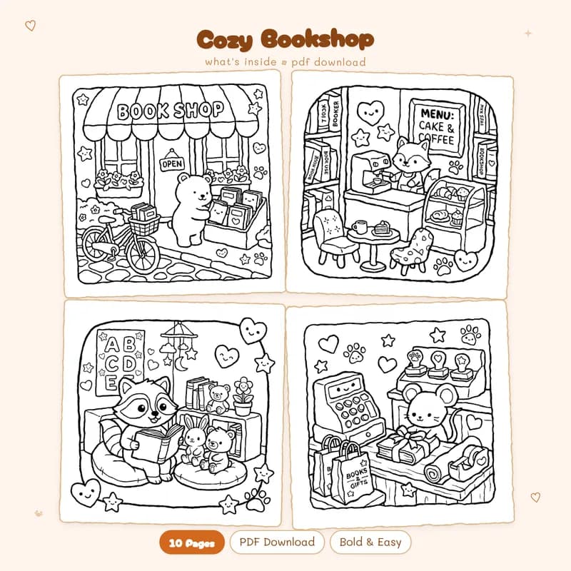 A two by two grid showing four detailed black and white Cozy Bookshop coloring pages for adults and kids