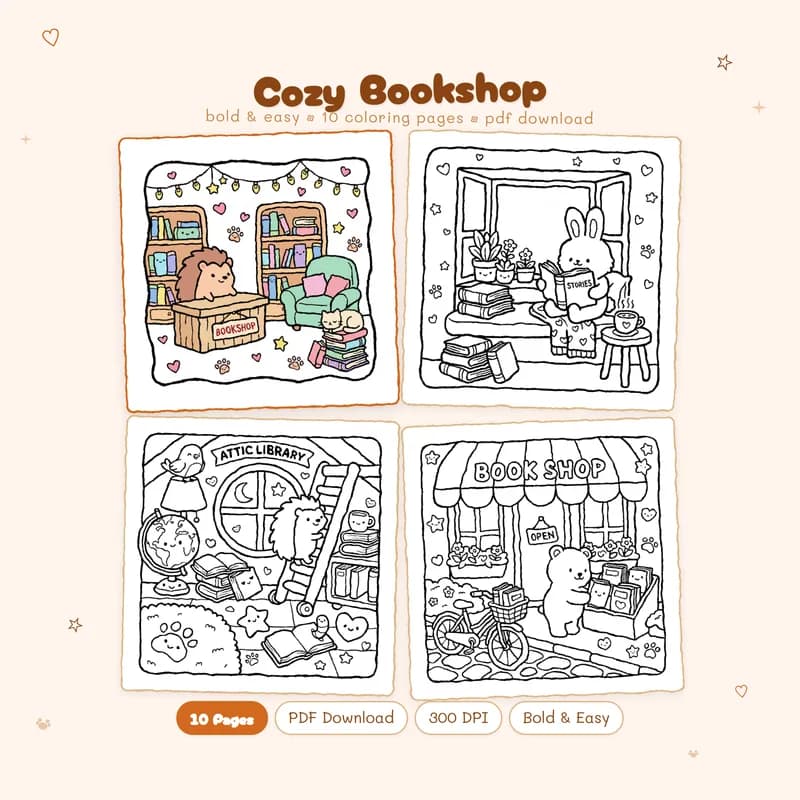 Cozy Bookshop coloring book