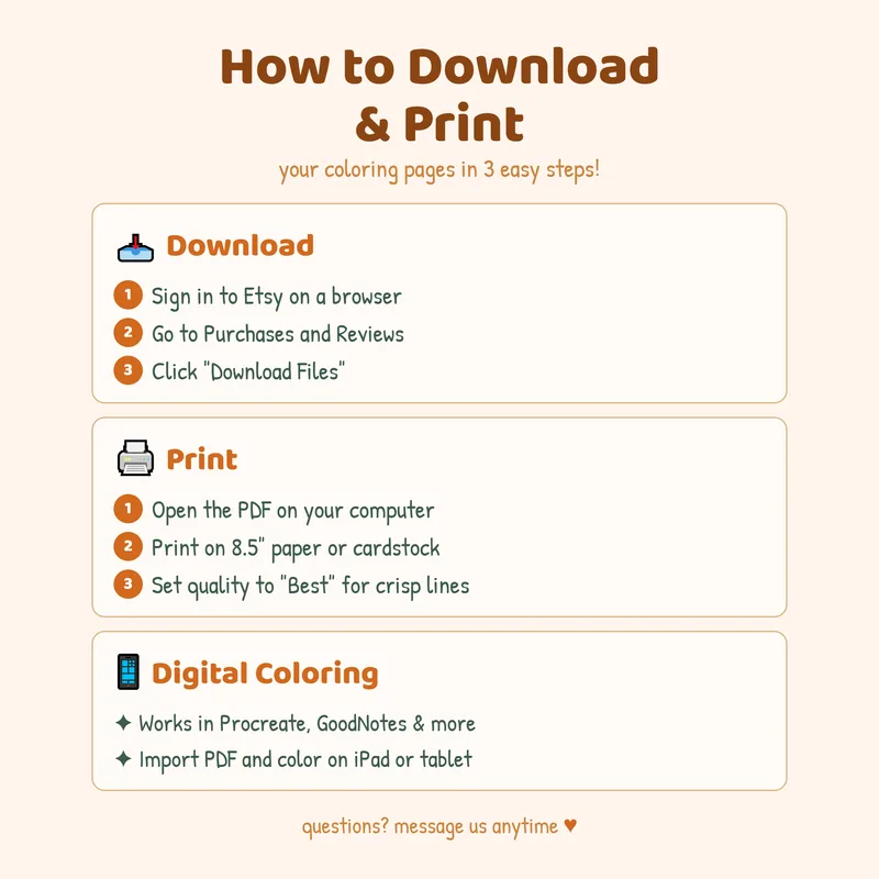 Easy steps to download and print your MiyoPages Cozy Bookshop coloring pages from your digital purchase