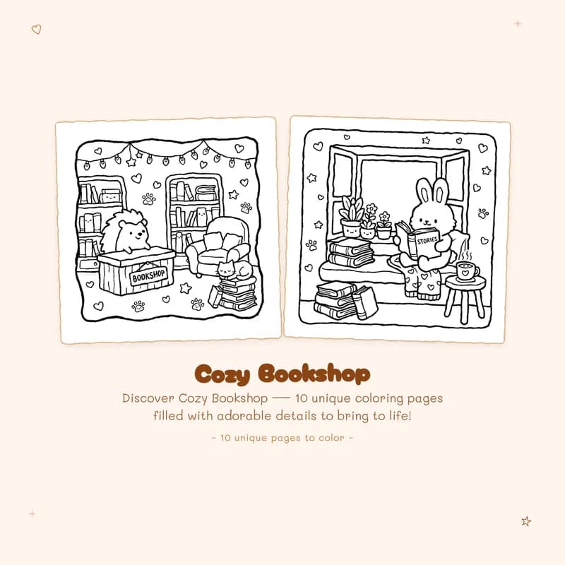 Cozy Bookshop coloring book pages with bold outlines and easy designs for a relaxing coloring experience