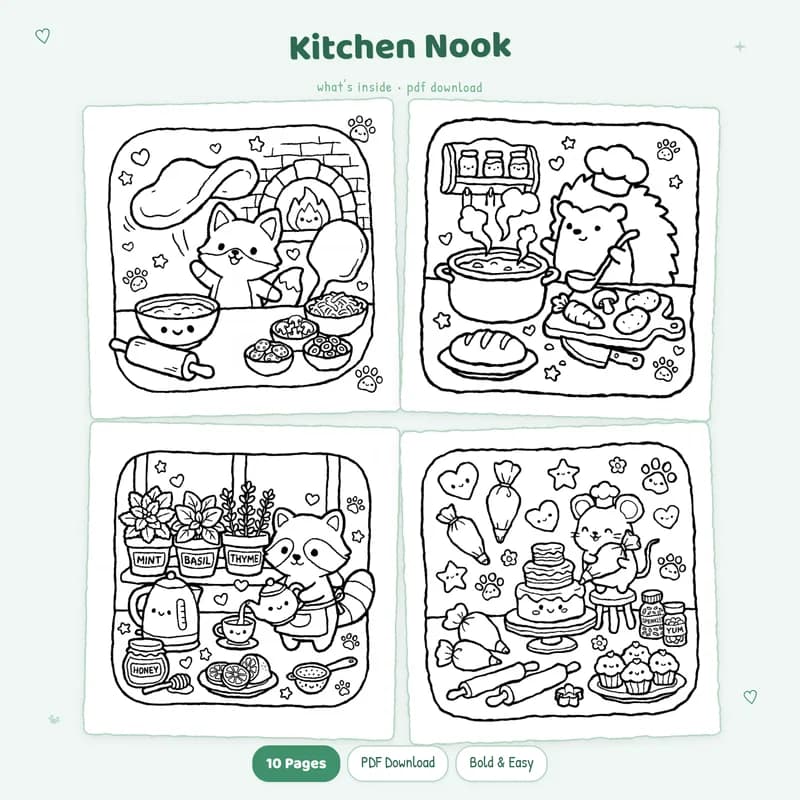 A set of four black and white Kitchen Nook coloring pages showing cozy kitchens and cute cafe scenes