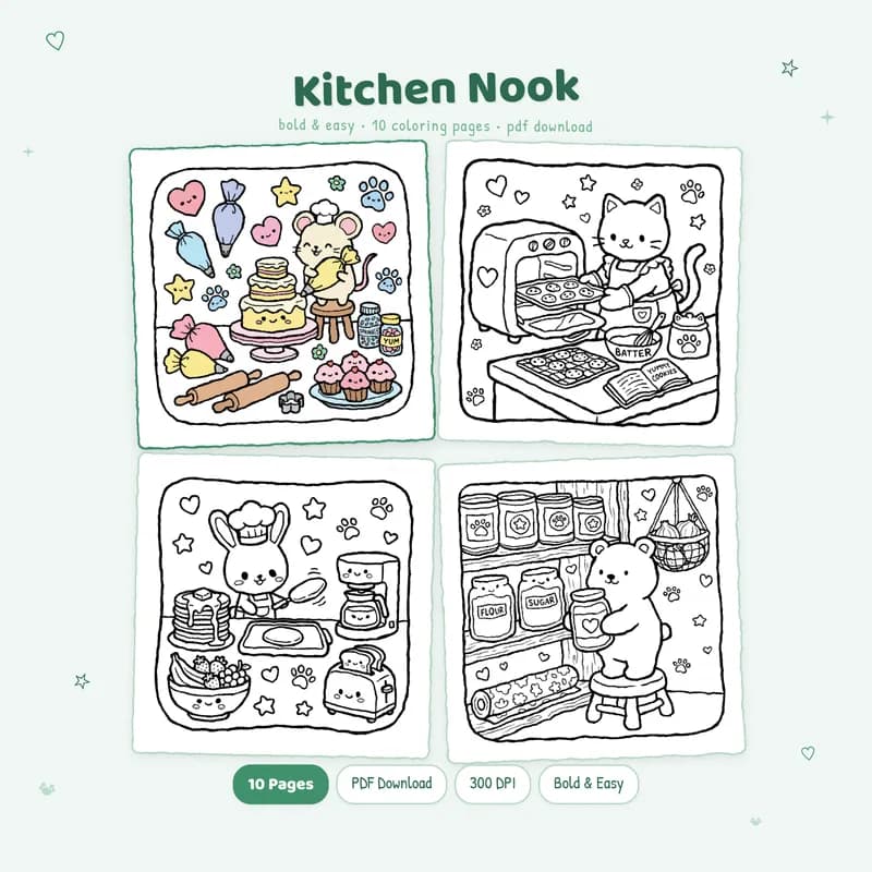 Kitchen Nook coloring book by MiyoPages featuring a colored example and black and white preview pages