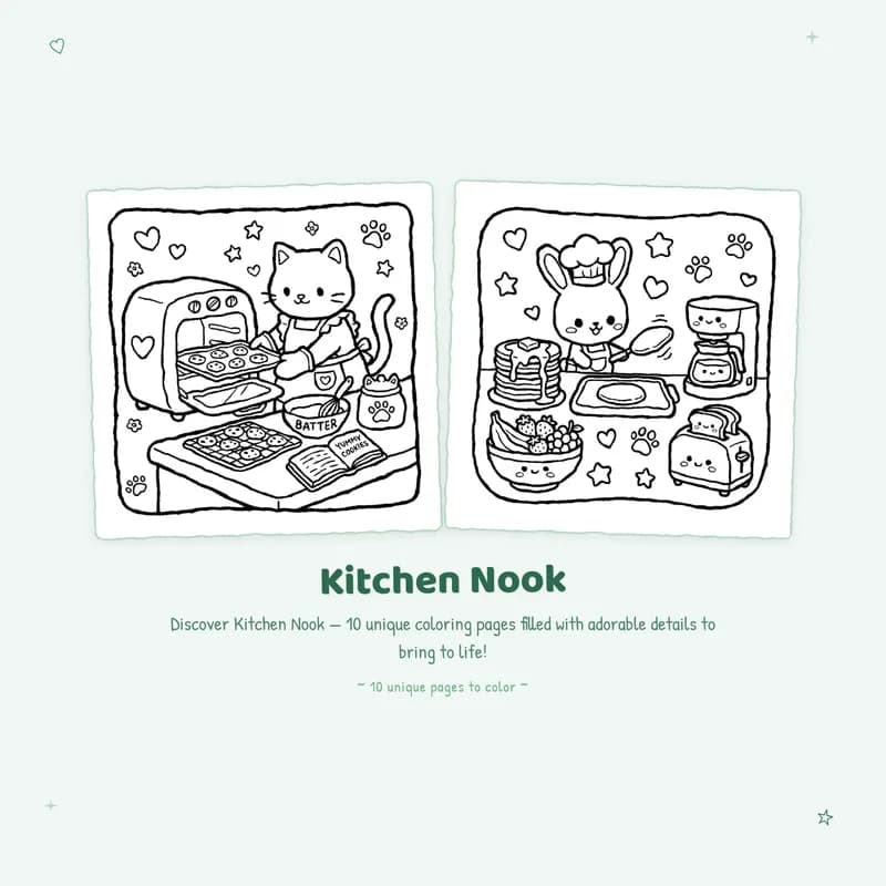 Bold outlines on these easy Kitchen Nook coloring pages are perfect for a simple and relaxing coloring book