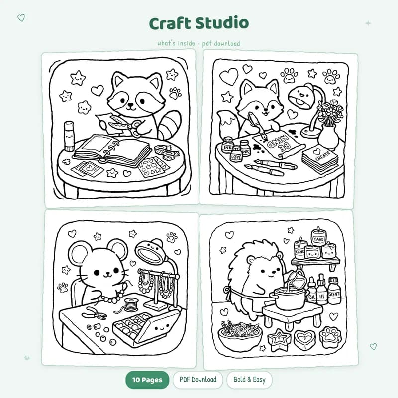 A four page grid of Craft Studio coloring pages showing black and white cozy craft room illustrations