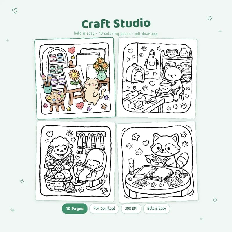 Craft Studio coloring book by MiyoPages featuring a colored cover and black and white coloring pages