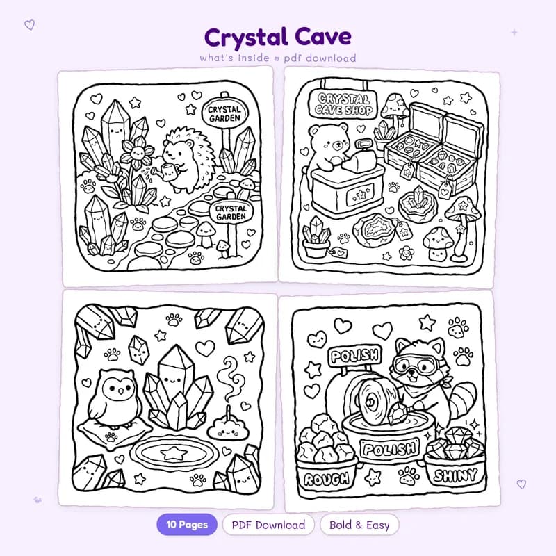 Four cute black and white crystal cave coloring pages in a grid layout for kids and adults
