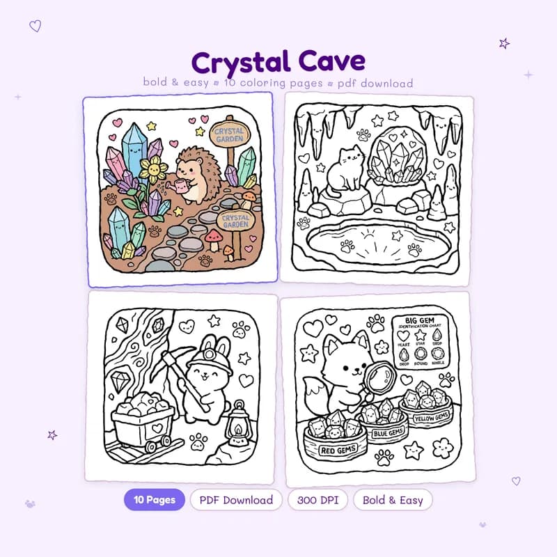 Crystal Cave coloring book cover and sample pages featuring cute fantasy designs by MiyoPages