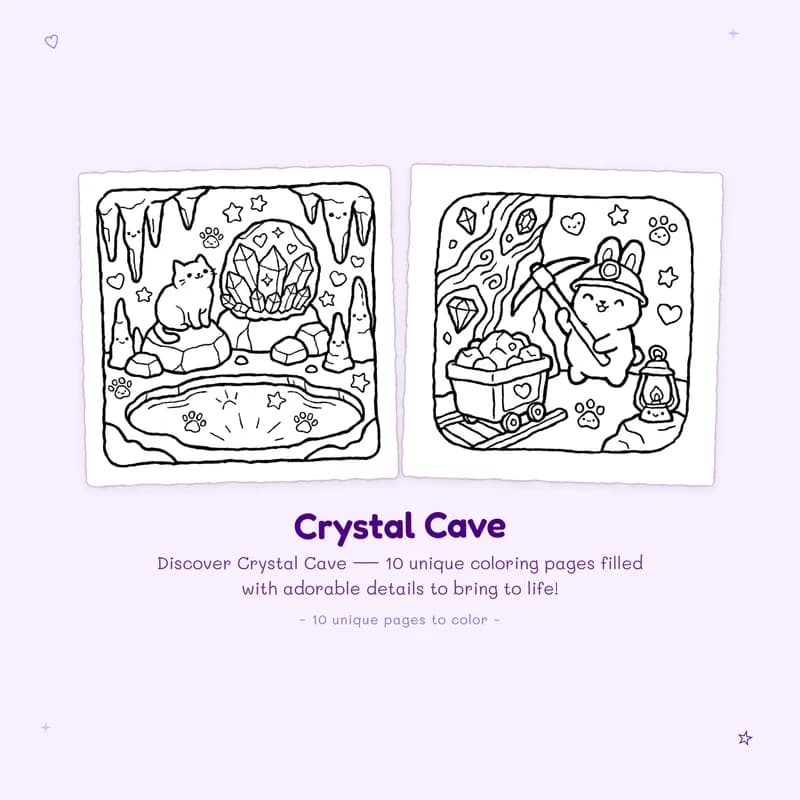 Easy crystal cave coloring book designs with bold outlines perfect for markers and simple coloring