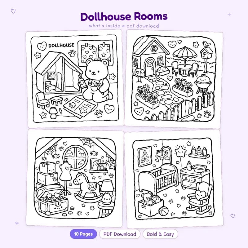 A grid showing four black and white Dollhouse Rooms coloring pages featuring cute miniature furniture and decor