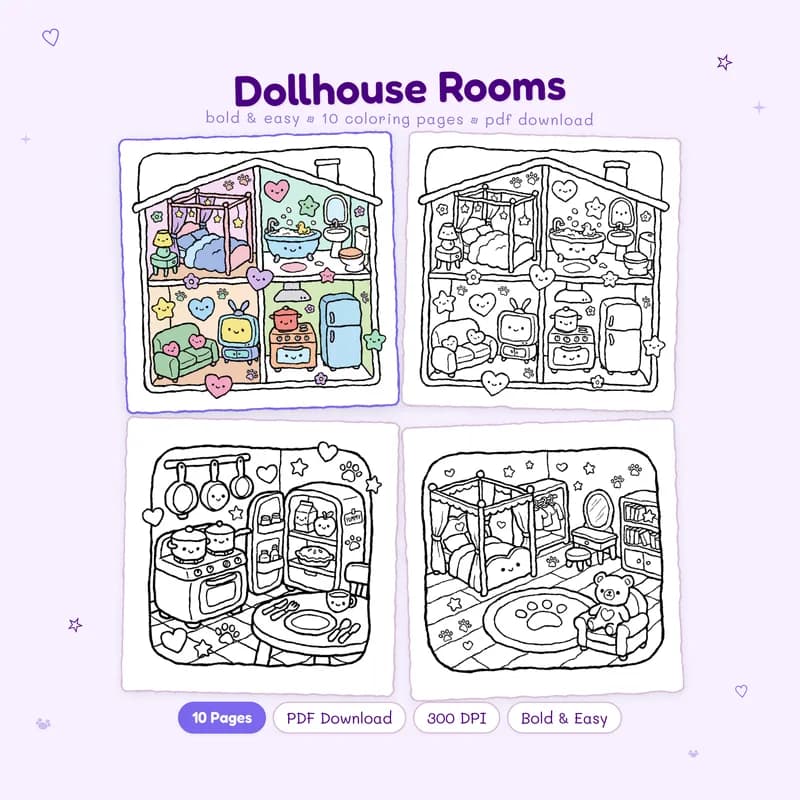 Dollhouse Rooms coloring book cover by MiyoPages with one colored page and three black and white previews
