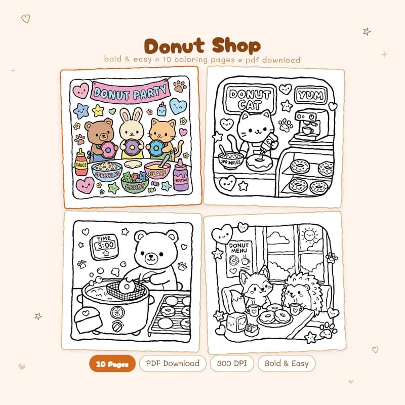 Donut Shop coloring book cover by MiyoPages showing cute dessert pages with one colored donut example