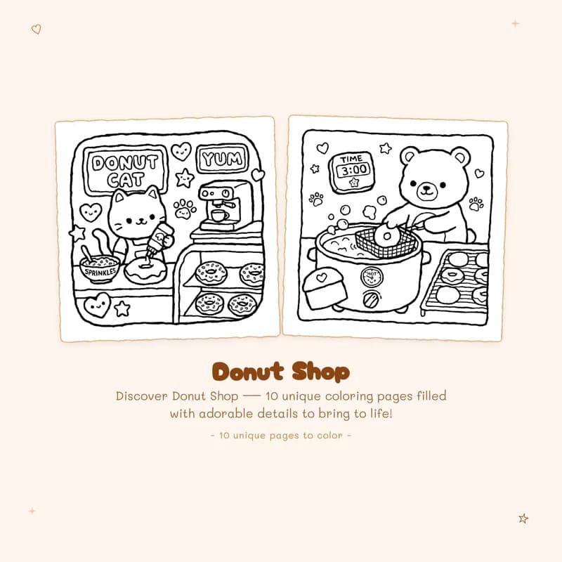 Donut Shop coloring book with bold lines and easy designs for simple and relaxing foodie coloring pages