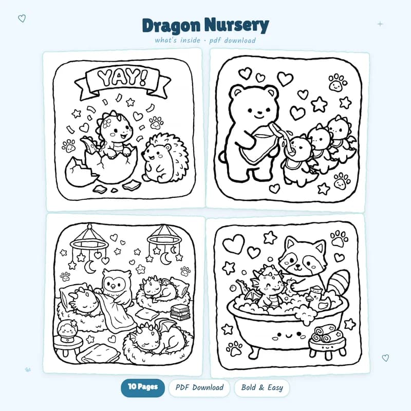 A grid of four black and white Dragon Nursery coloring pages from this fantasy fairy coloring book