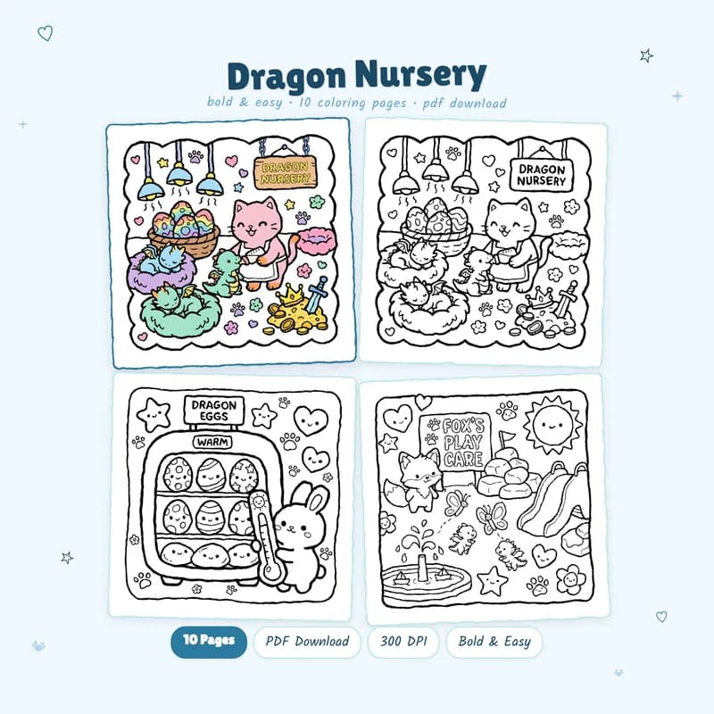 Dragon Nursery coloring book by MiyoPages with a cute cover and preview coloring pages for digital download
