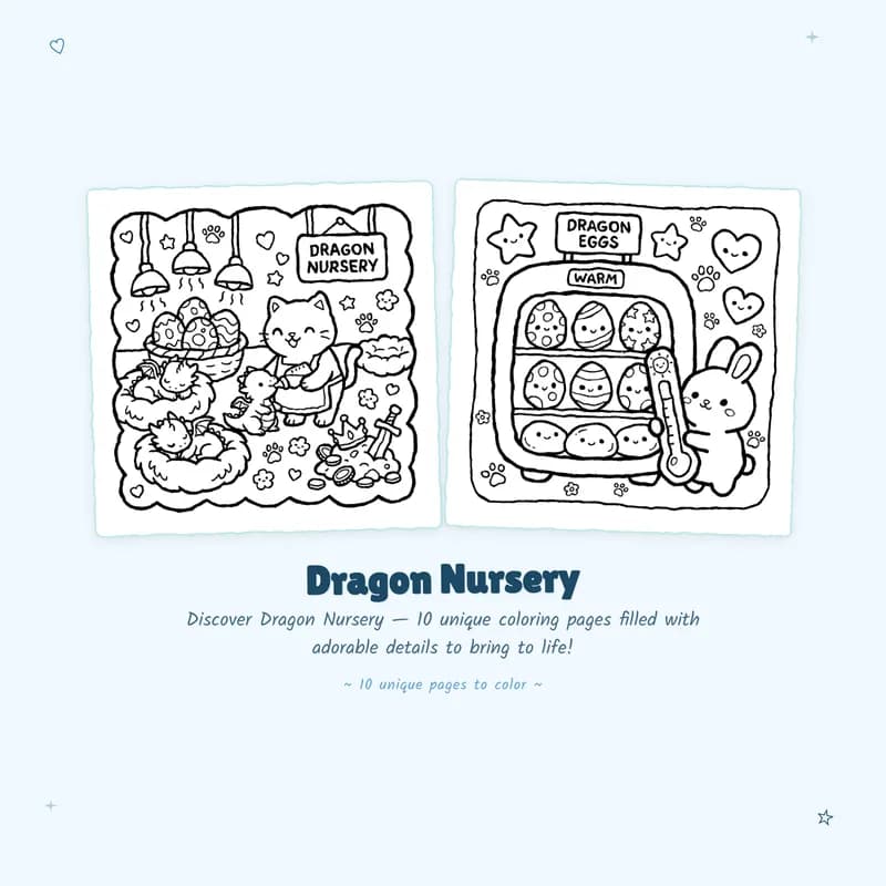 Cute Dragon Nursery coloring book designs featuring bold outlines and easy to color fantasy coloring pages