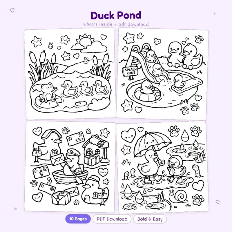 A two by two grid showing four Duck Pond coloring pages with cute baby ducks and simple black and white line art