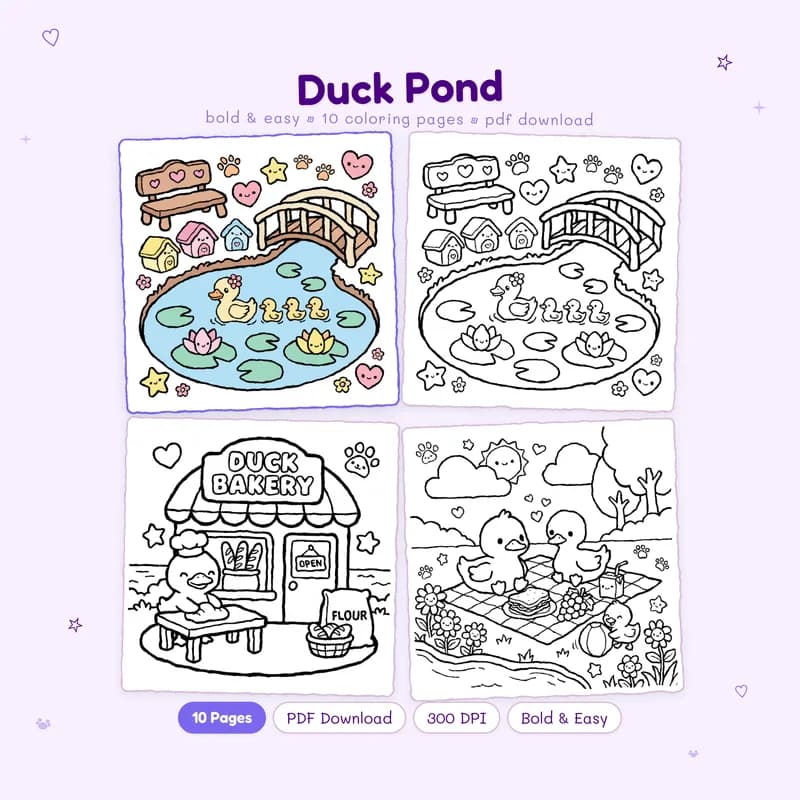 Duck Pond coloring book cover by MiyoPages with one colored sample and three black and white duckling preview pages