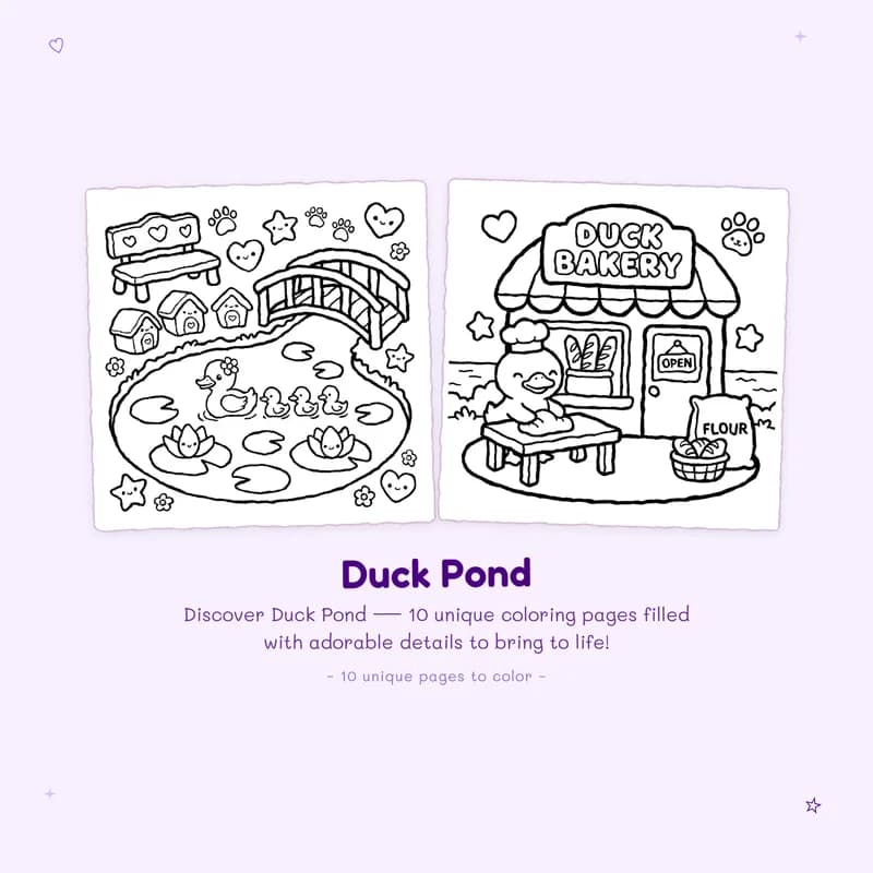 Duck Pond coloring book pages highlighting bold outlines and easy designs for a fun animal lover coloring activity